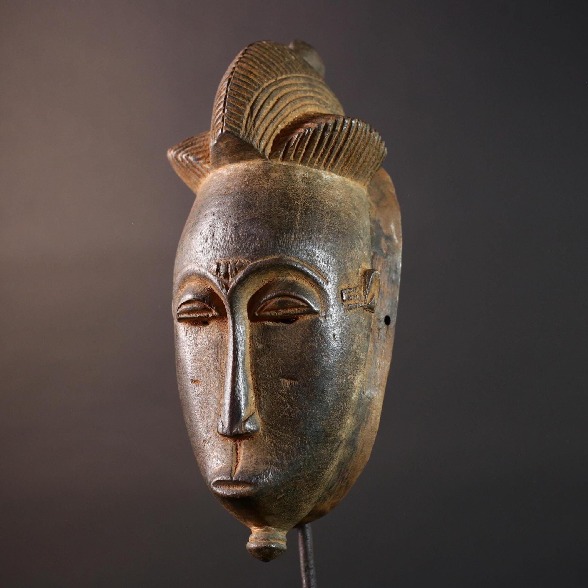 African Baule mask narrow face tribal portrait wall decor ivory coast wood sculpture crest handmade spirit carving ethnic home art G5493