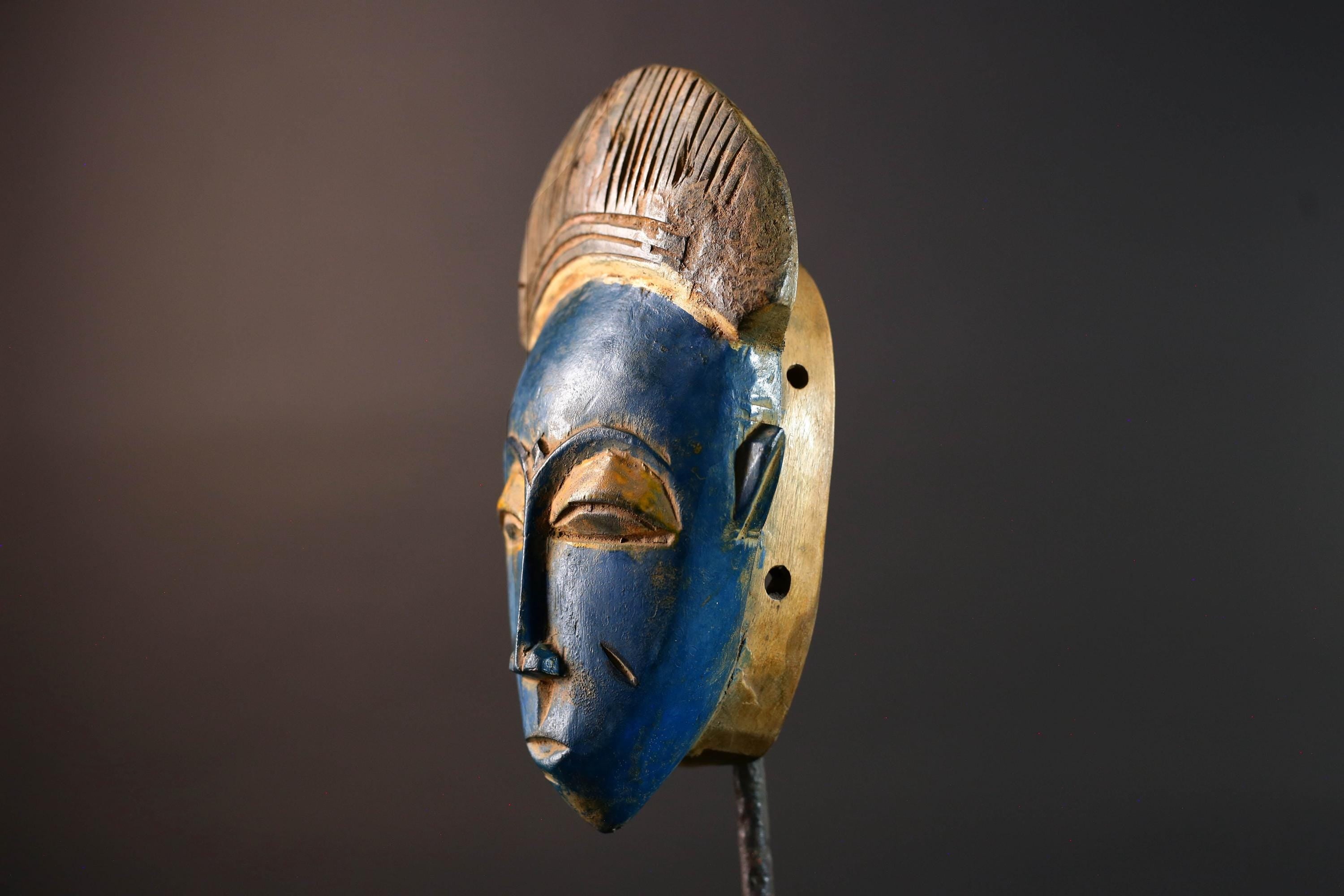 African Baule mask blue face wall art tribal portrait carving ivory coast handmade wood sculpture with crest spiritual decor piece G5494
