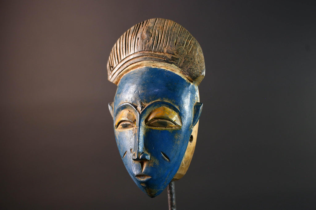 African Baule mask blue face wall art tribal portrait carving ivory coast handmade wood sculpture with crest spiritual decor piece G5494