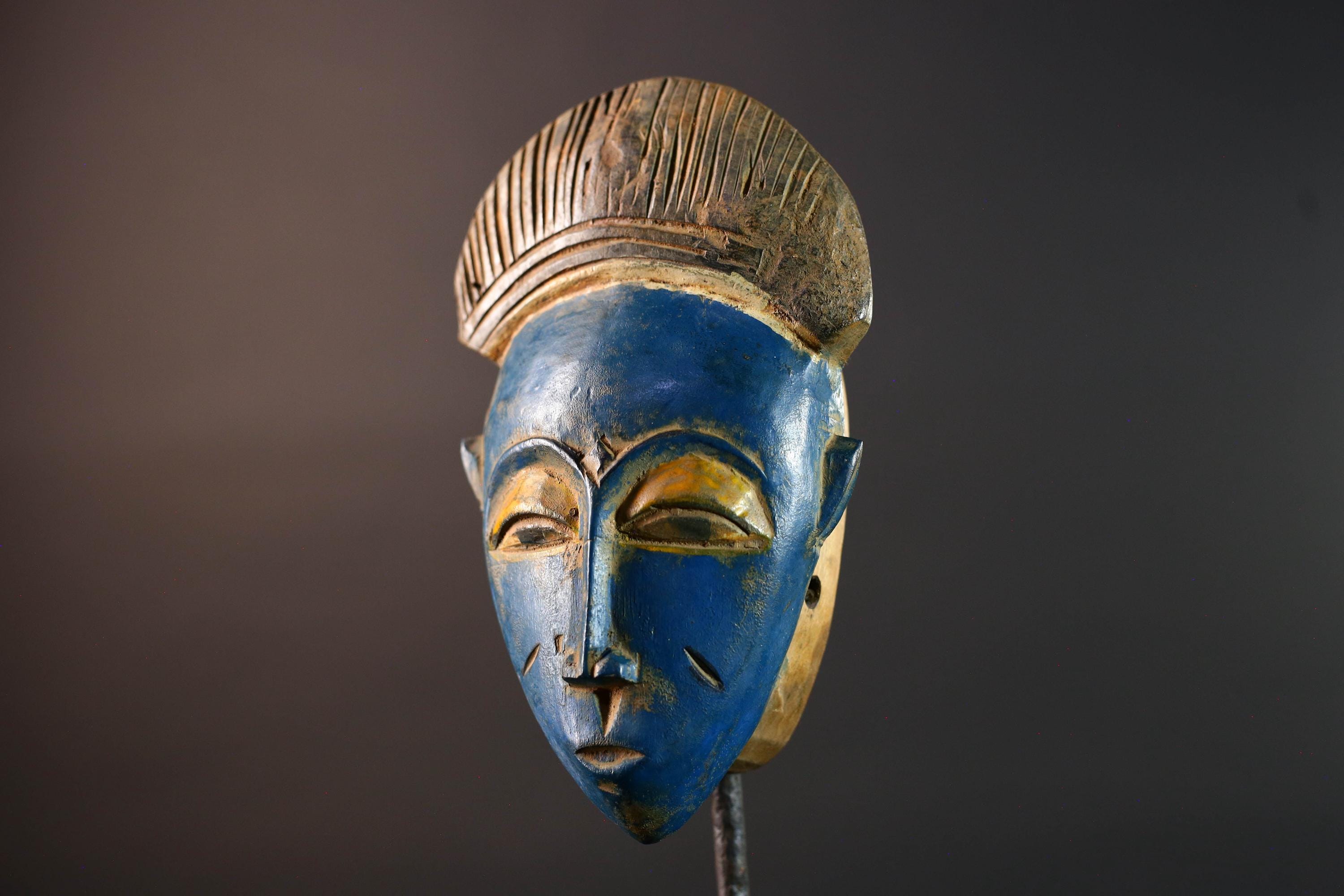 African Baule mask blue face wall art tribal portrait carving ivory coast handmade wood sculpture with crest spiritual decor piece G5494