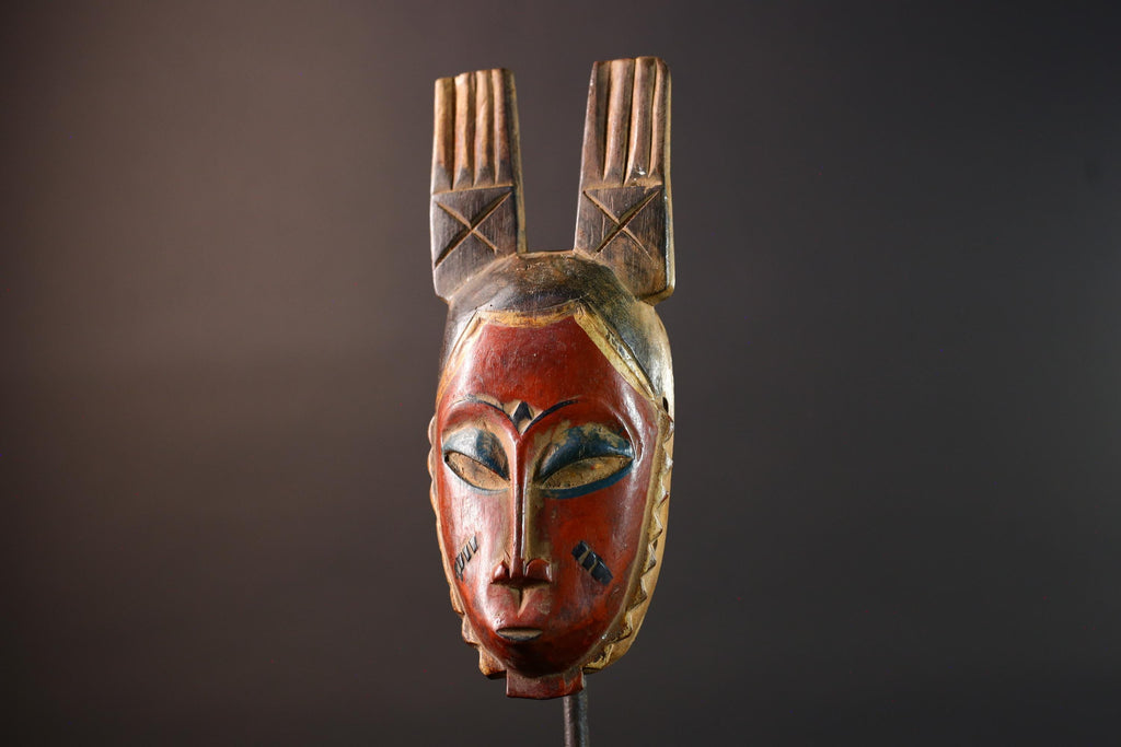 African Guro mask red tribal face wall art with twin handmade wood carving from ivory coast spiritual ethnic decor collector piece G5495