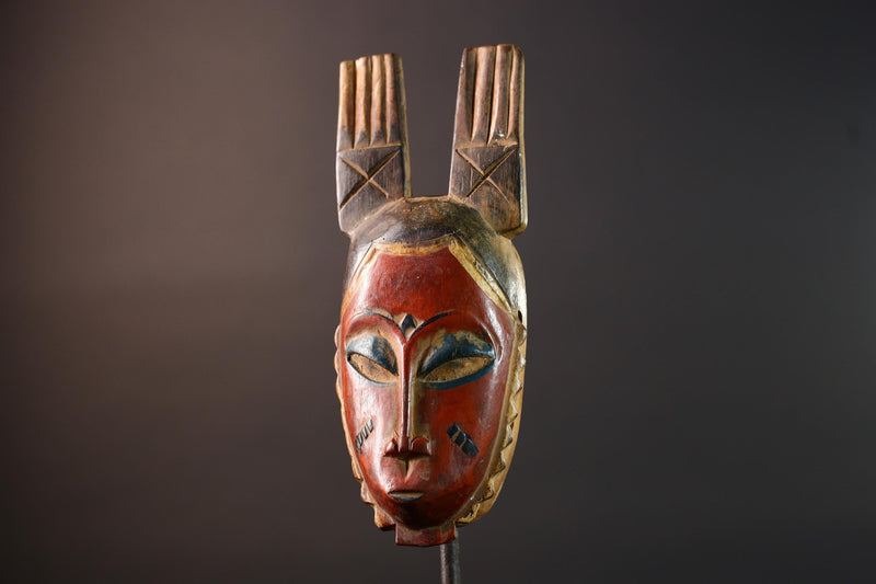 African Guro mask red tribal face wall art with twin handmade wood carving from ivory coast spiritual ethnic decor collector piece G5495