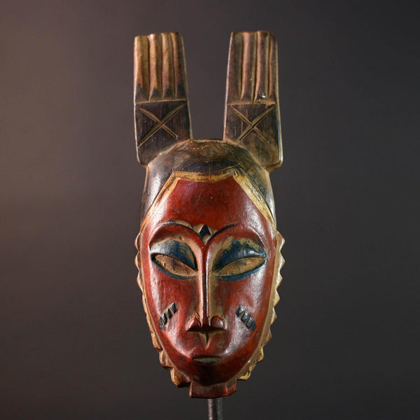 African Guro mask red tribal face wall art with twin handmade wood carving from ivory coast spiritual ethnic decor collector piece G5495