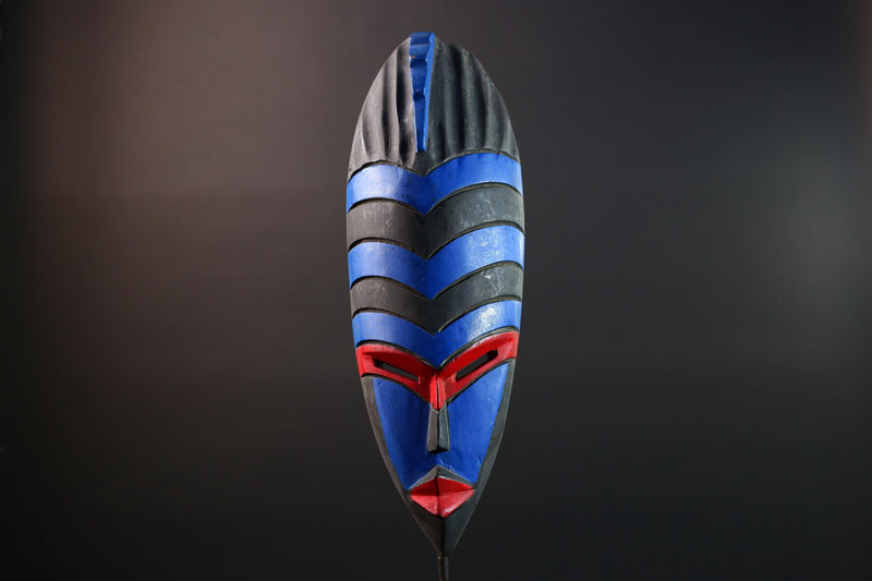 African Dan Tribal Wall Mask Hand Carved Blue Red Black Art Geometric Face Sculpture Boho Folk Decor Ethnic Home Accent-G5579