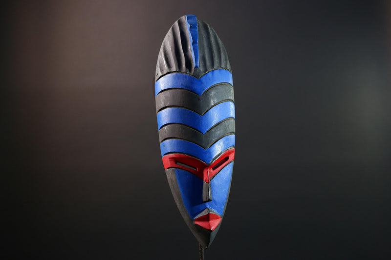 African Dan Tribal Wall Mask Hand Carved Blue Red Black Art Geometric Face Sculpture Boho Folk Decor Ethnic Home Accent-G5579
