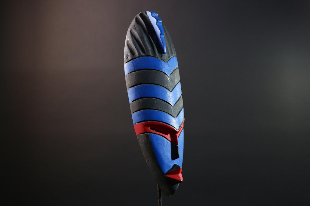 African Dan Tribal Wall Mask Hand Carved Blue Red Black Art Geometric Face Sculpture Boho Folk Decor Ethnic Home Accent-G5579