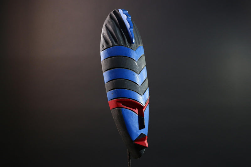 African Dan Tribal Wall Mask Hand Carved Blue Red Black Art Geometric Face Sculpture Boho Folk Decor Ethnic Home Accent-G5579