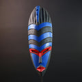 African Dan Tribal Wall Mask Hand Carved Blue Red Black Art Geometric Face Sculpture Boho Folk Decor Ethnic Home Accent-G5579