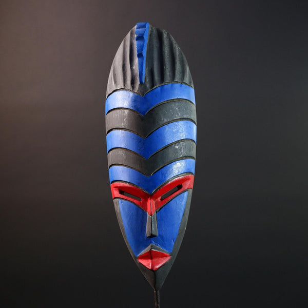 African Dan Tribal Wall Mask Hand Carved Blue Red Black Art Geometric Face Sculpture Boho Folk Decor Ethnic Home Accent-G5579