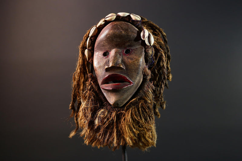 Dan African Tribal Mask With Cowrie Shells Hand Carved Wood Face With Fiber Beard Ethnic Wall Art Ceremonial Boho Home Decor G5580