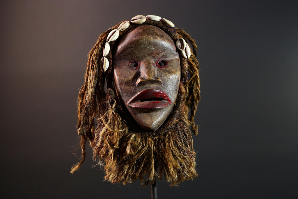 Dan African Tribal Mask With Cowrie Shells Hand Carved Wood Face With Fiber Beard Ethnic Wall Art Ceremonial Boho Home Decor G5580