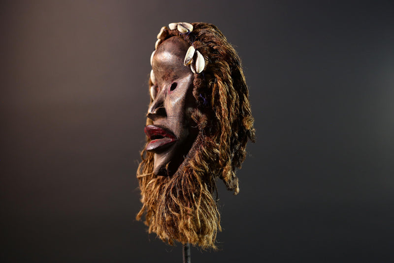 Dan African Tribal Mask With Cowrie Shells Hand Carved Wood Face With Fiber Beard Ethnic Wall Art Ceremonial Boho Home Decor G5580