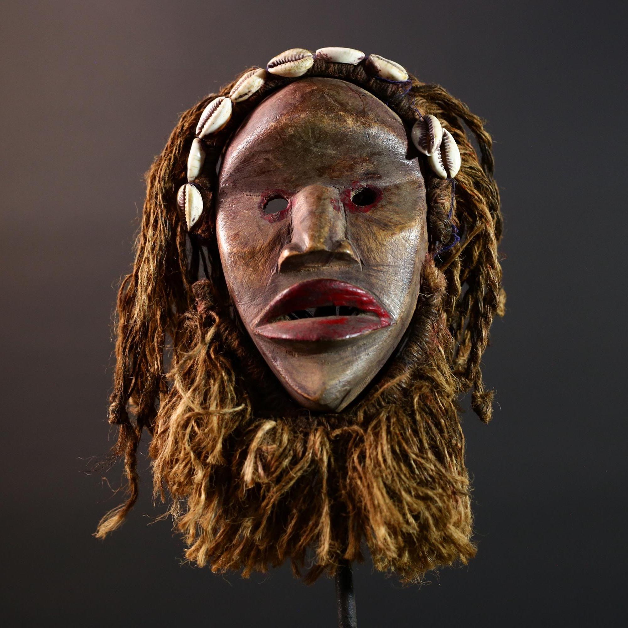 Dan African Tribal Mask With Cowrie Shells Hand Carved Wood Face With Fiber Beard Ethnic Wall Art Ceremonial Boho Home Decor G5580