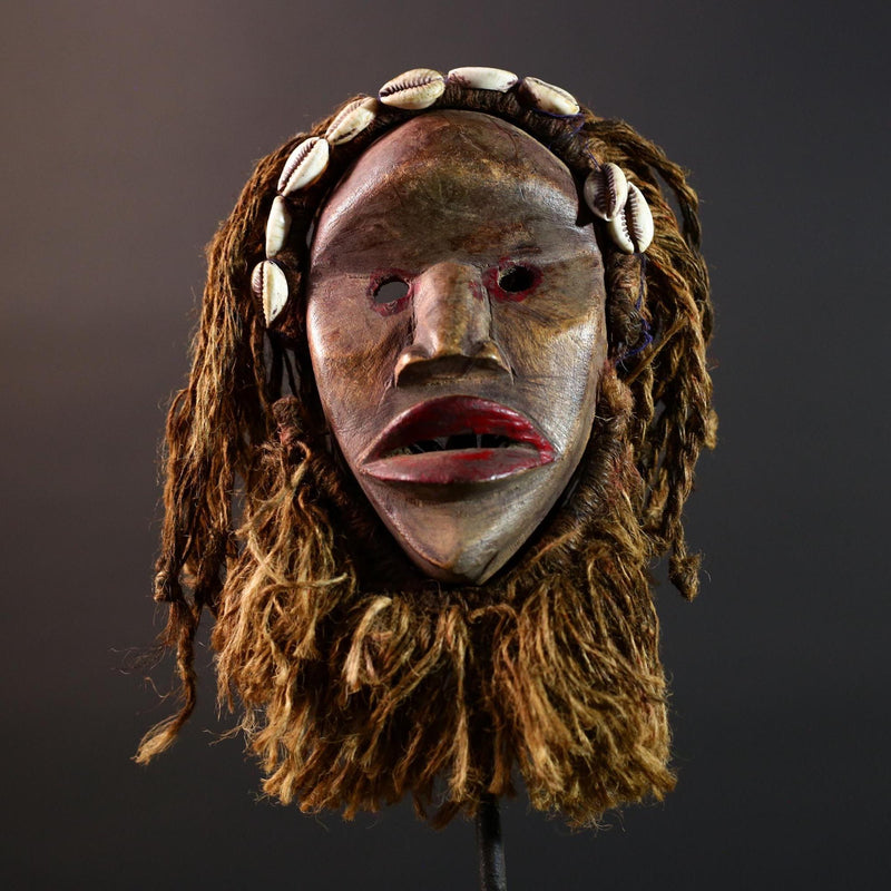 Dan African Tribal Mask With Cowrie Shells Hand Carved Wood Face With Fiber Beard Ethnic Wall Art Ceremonial Boho Home Decor G5580
