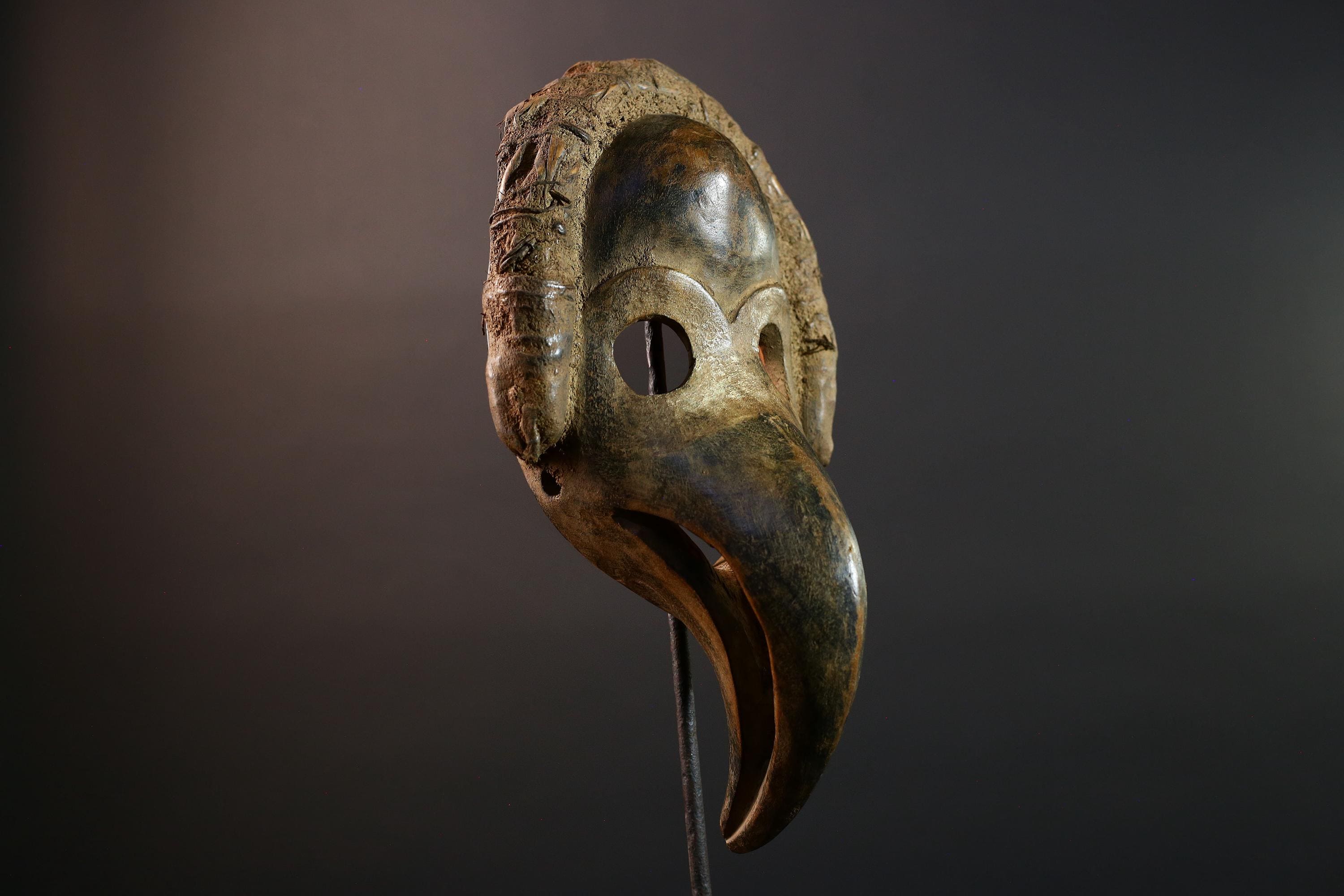 African Dan Bird Mask Hand Carved Tribal Beak Sculpture Vintage Wood Face Art Object Ceremonial Wall Decor Ethnic Home Accent G5581
