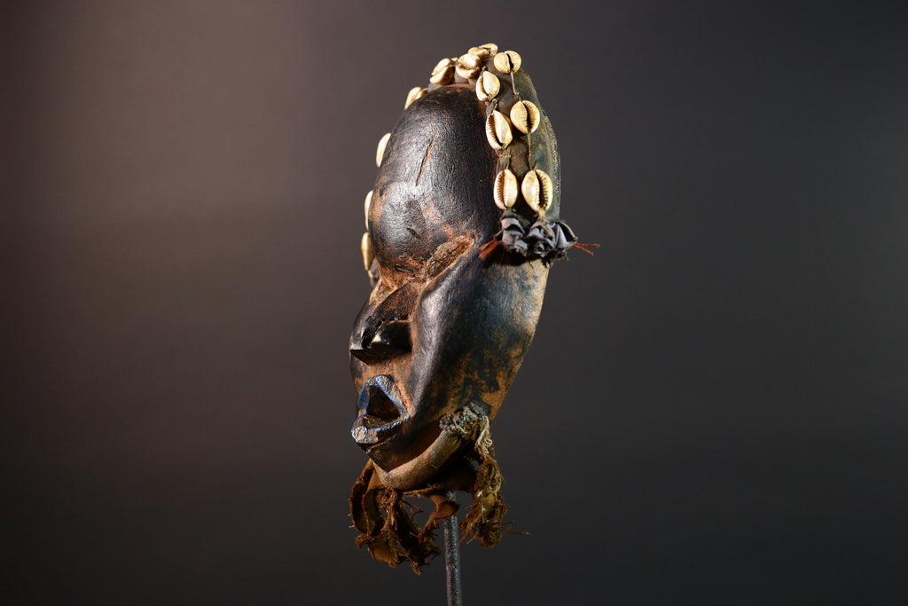 Dan African Tribal Mask With Cowrie Shells Hand Carved Wood Face With Fiber Beard Ethnic Wall Art Ceremonial Boho Home Decor G5582