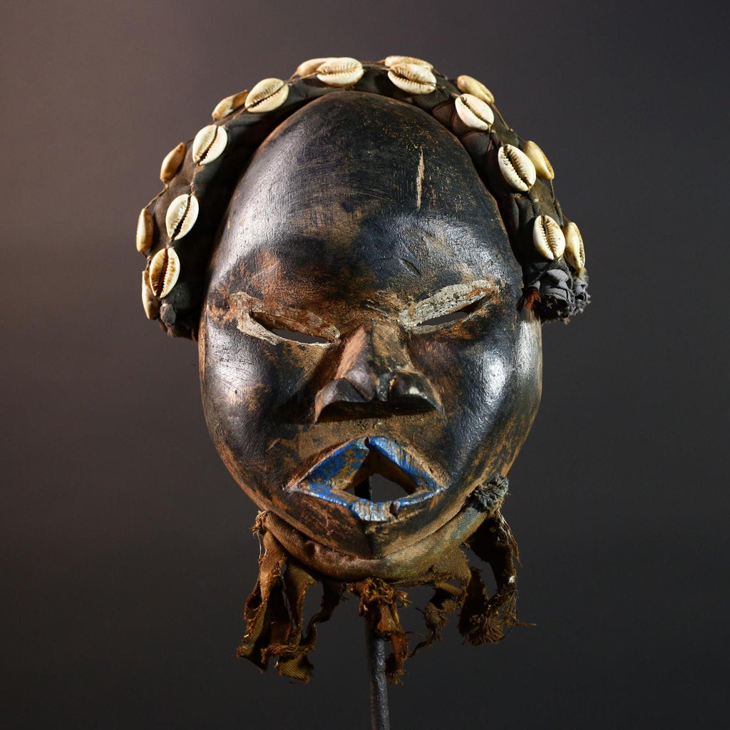 Dan African Tribal Mask With Cowrie Shells Hand Carved Wood Face With Fiber Beard Ethnic Wall Art Ceremonial Boho Home Decor G5582
