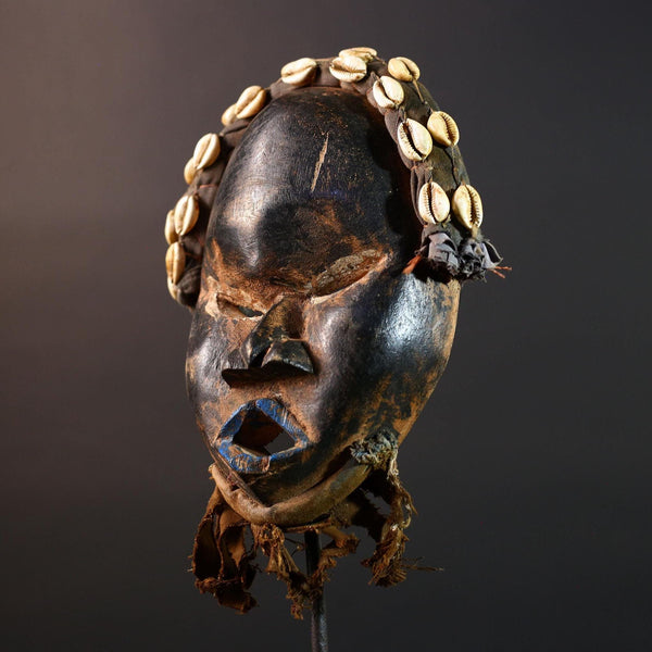 Dan African Tribal Mask With Cowrie Shells Hand Carved Wood Face With Fiber Beard Ethnic Wall Art Ceremonial Boho Home Decor G5582