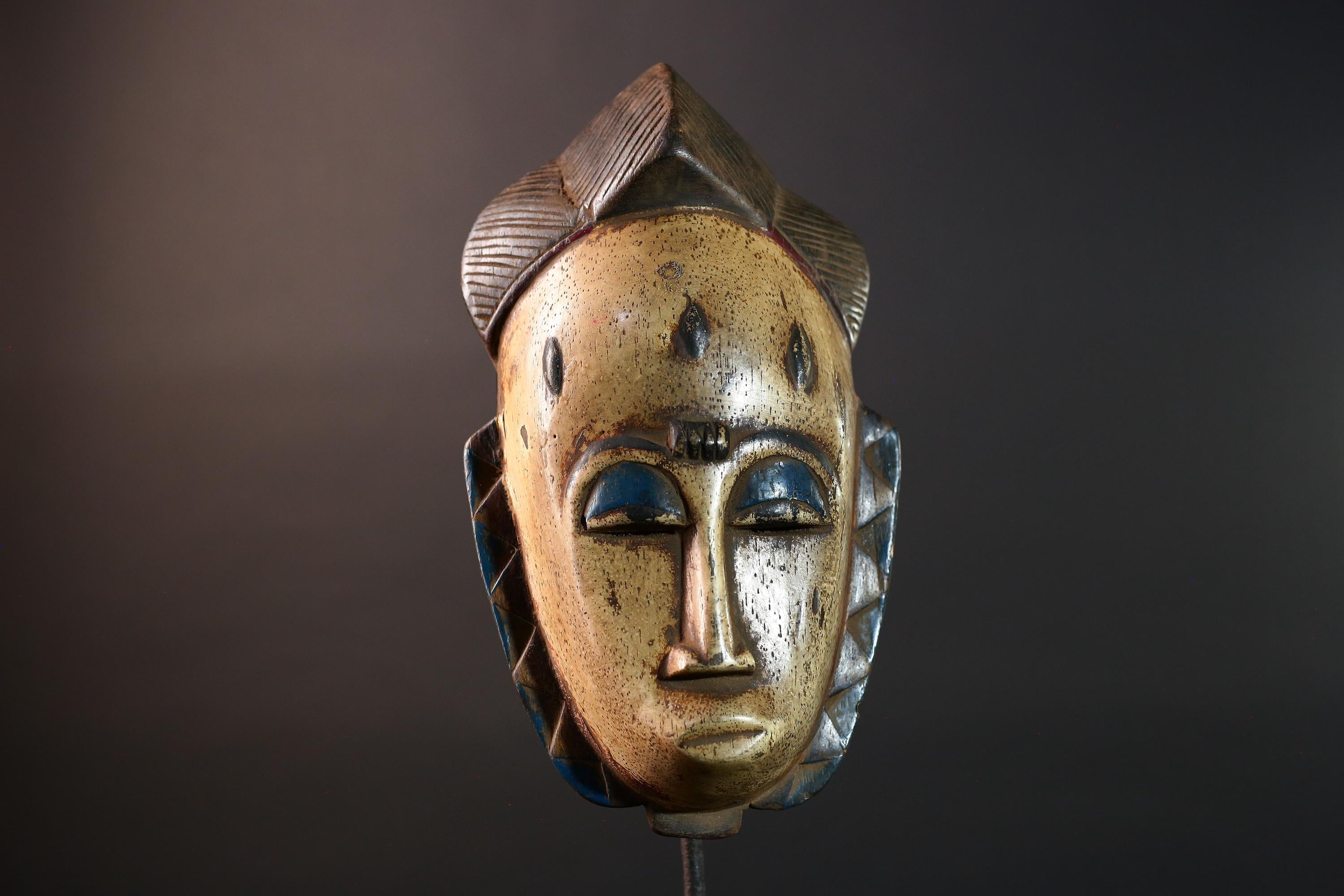 African Baule Mask Hand Carved Ivory Face Tribal Wood Sculpture Ceremonial Art Object Wall Decor Vintage Female Spirit Figure G5583