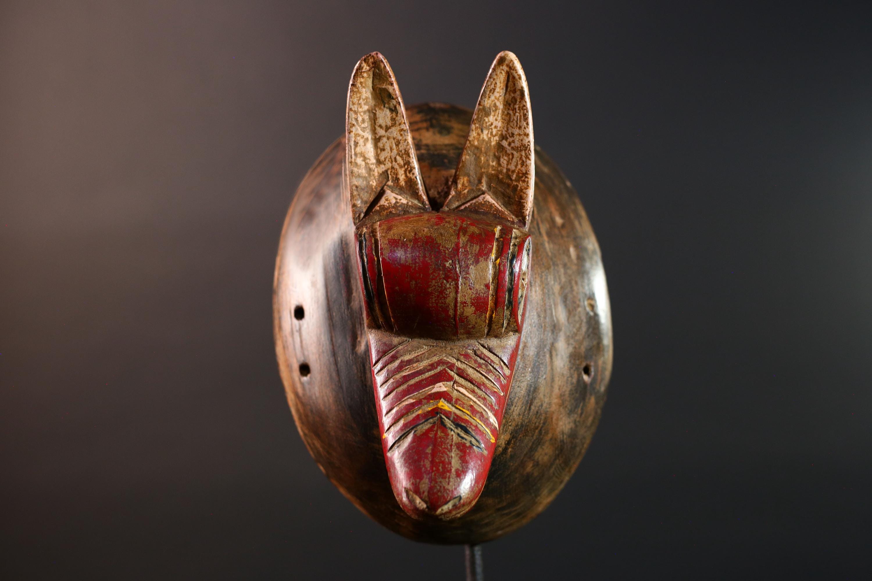 African Bwa Fox Mask Hand Carved Tribal Wood Animal Spirit Sculpture Vintage Red Snout Wall Decor Ethnic Art Figure From Africa G5584