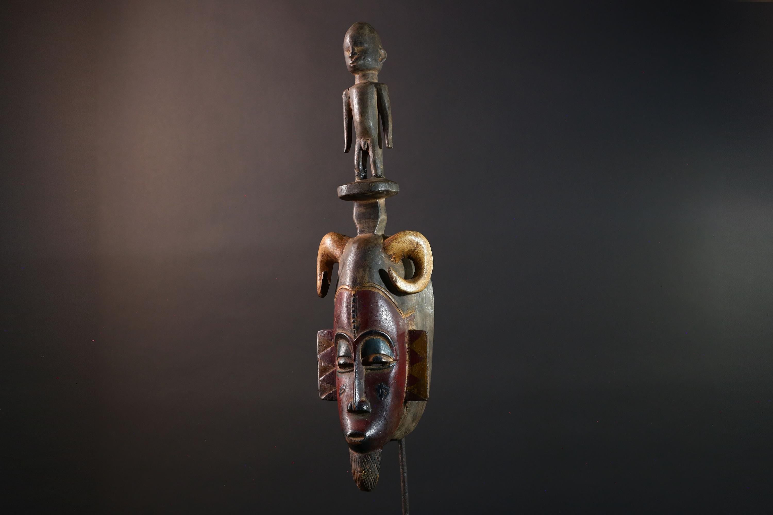 African Guro Ram Mask With Figure Hand Carved Wood Tribal Sculpture Vintage Art Object Wall Decor Ceremonial Spirit Crest Piece G5585