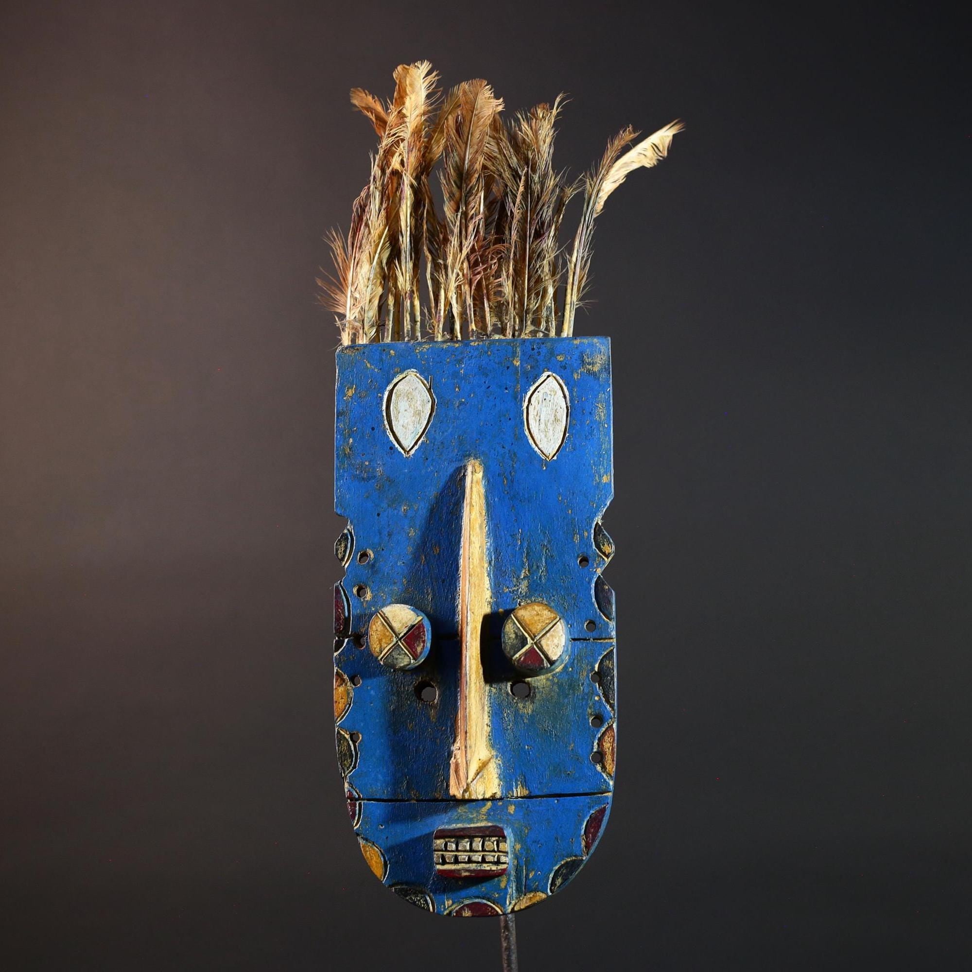 African Bwa Blue Mask With Feathers Hand Carved Wall Art Tribal Wood Sculpture Burkina Faso Totem Vintage Spirit Object Decor G5586