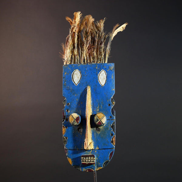 African Bwa Blue Mask With Feathers Hand Carved Wall Art Tribal Wood Sculpture Burkina Faso Totem Vintage Spirit Object Decor G5586