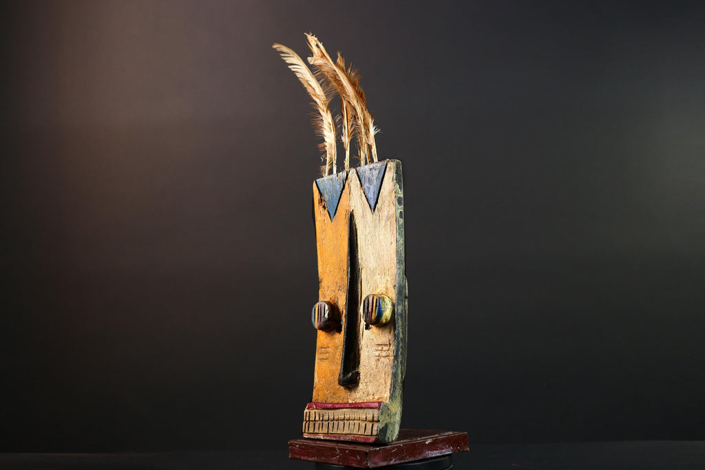 Tall African Bwa Mask With Feathers Long Nose Hand Carved Tribal Wall Art Wood Sculpture Rectangular Face Burkina Faso Totem G5587