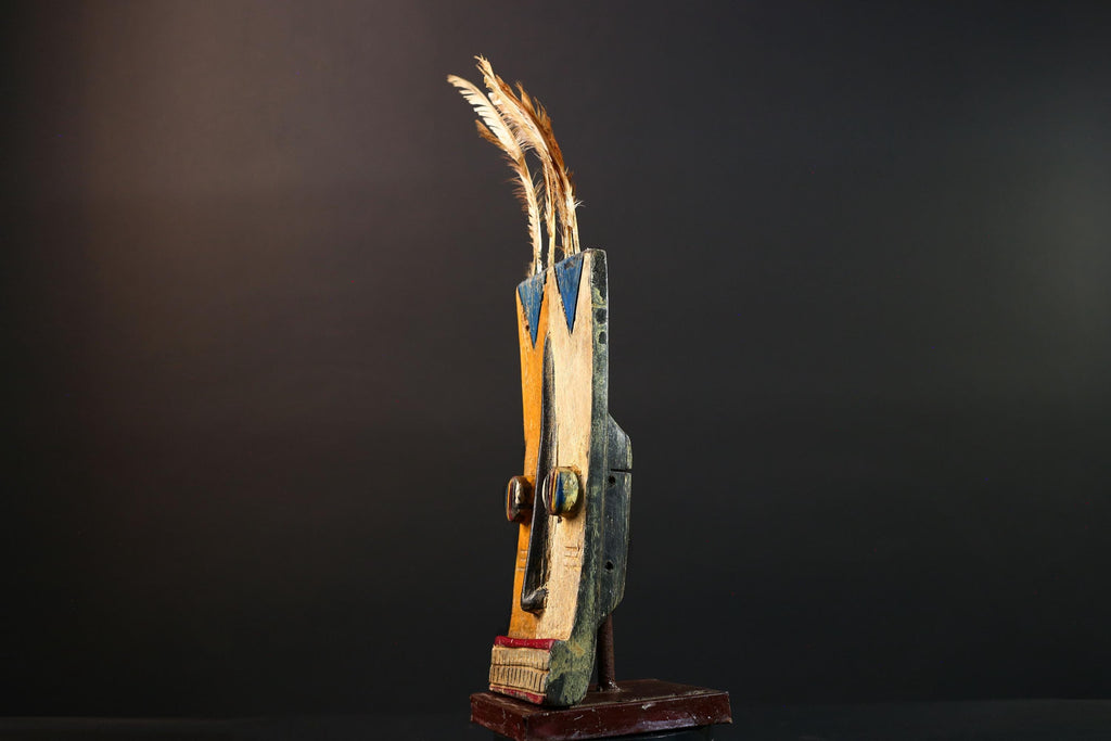 Tall African Bwa Mask With Feathers Long Nose Hand Carved Tribal Wall Art Wood Sculpture Rectangular Face Burkina Faso Totem G5587