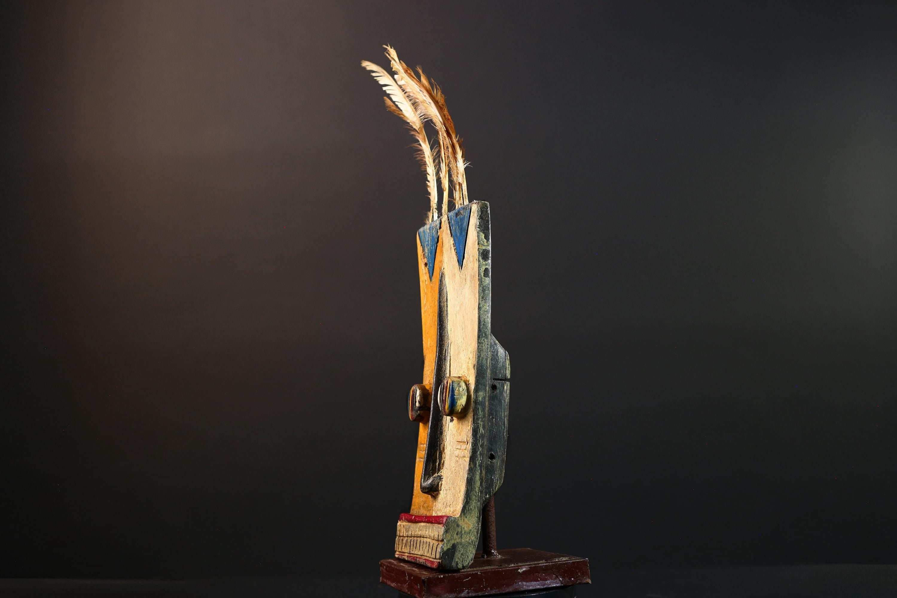 Tall African Bwa Mask With Feathers Long Nose Hand Carved Tribal Wall Art Wood Sculpture Rectangular Face Burkina Faso Totem G5587