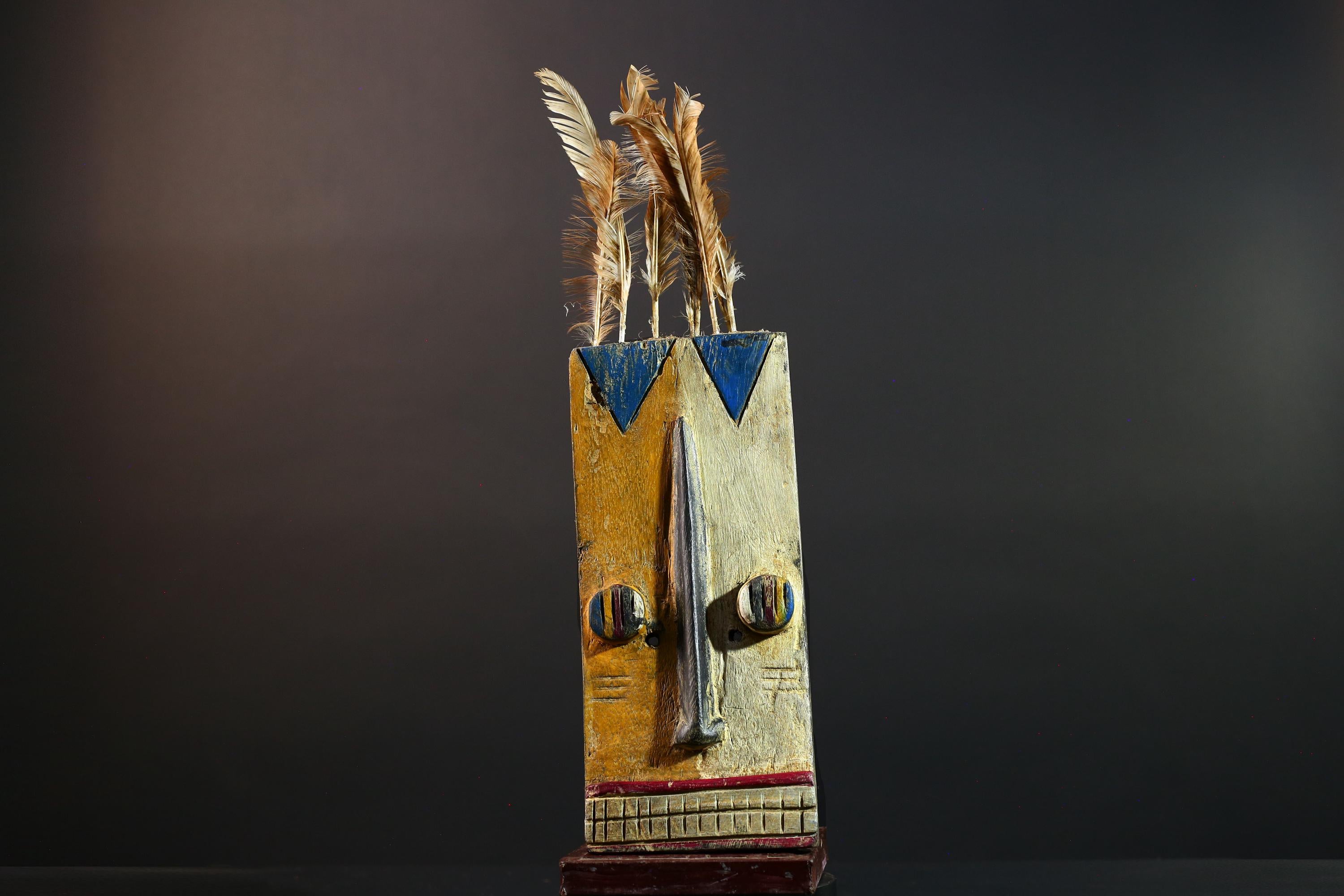 Tall African Bwa Mask With Feathers Long Nose Hand Carved Tribal Wall Art Wood Sculpture Rectangular Face Burkina Faso Totem G5587