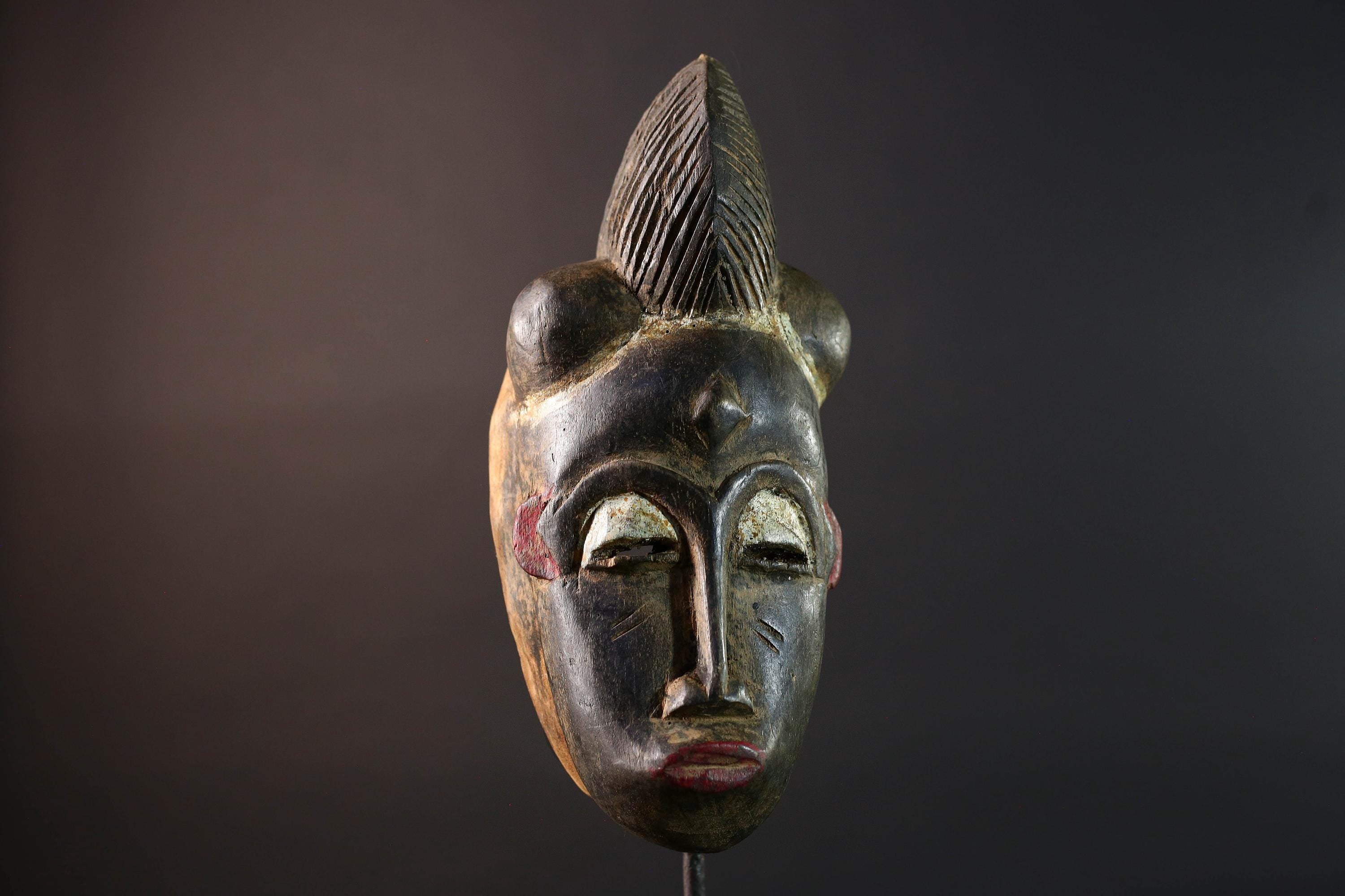 African wall decor Baule tribal mask with ridged crest heart-shaped face and fine carved detail for ancestral cultural display G5497