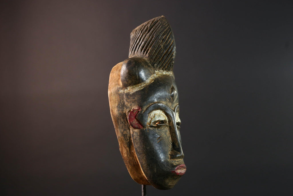 African wall decor Baule tribal mask with ridged crest heart-shaped face and fine carved detail for ancestral cultural display G5497