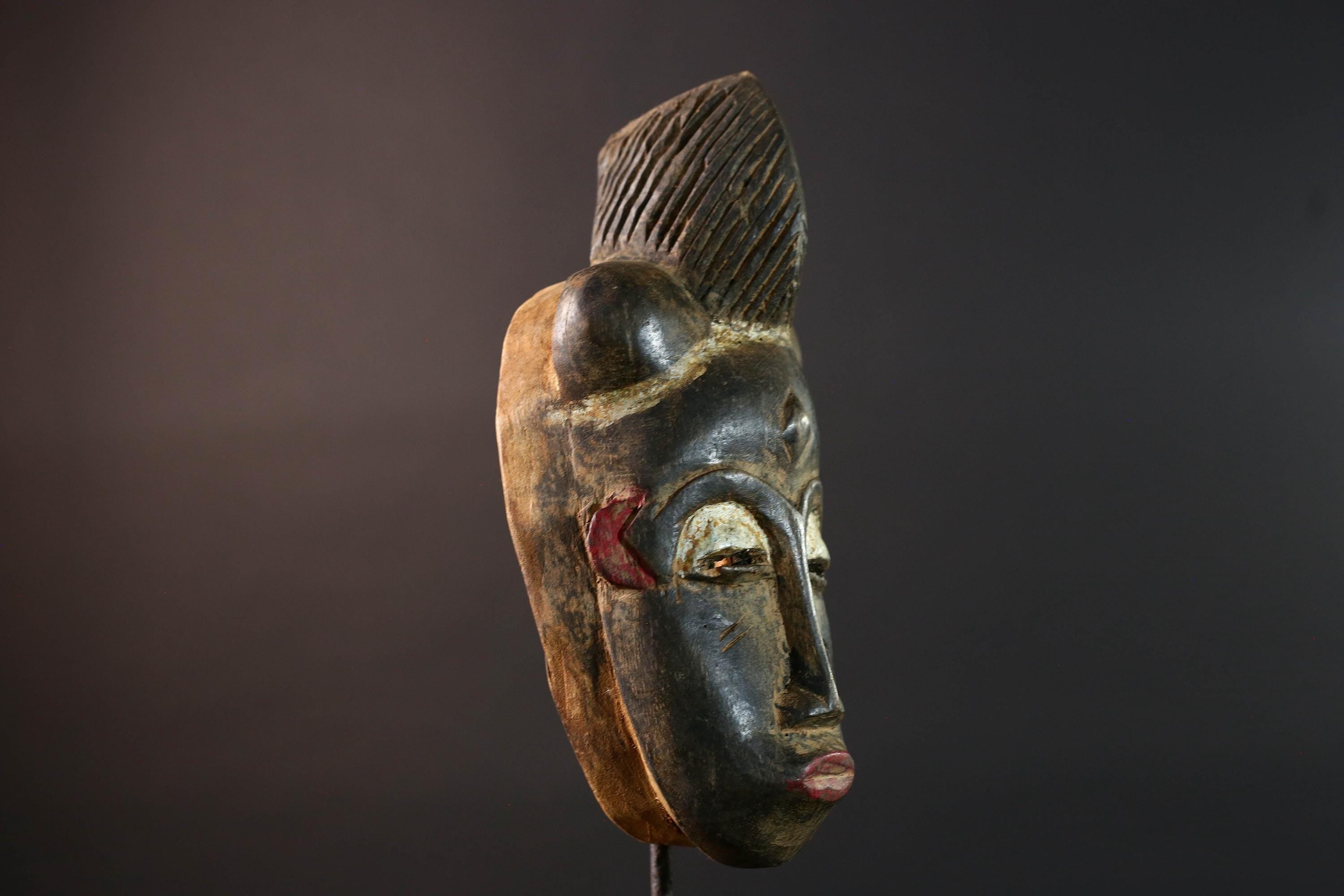 African wall decor Baule tribal mask with ridged crest heart-shaped face and fine carved detail for ancestral cultural display G5497