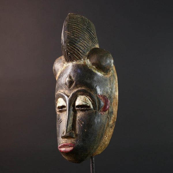 African wall decor Baule tribal mask with ridged crest heart-shaped face and fine carved detail for ancestral cultural display G5497