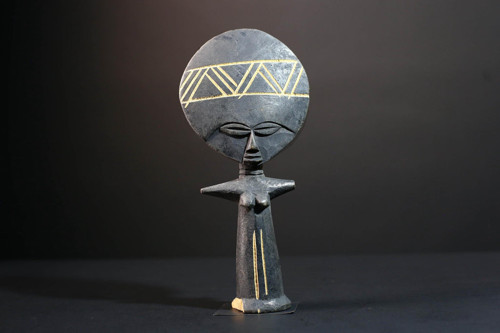 African fertility decor Akan akuaba figure with flat disc head geometric carvings and abstract female form for symbolic wall display G5499