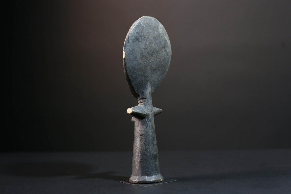 African fertility decor Akan akuaba figure with flat disc head geometric carvings and abstract female form for symbolic wall display G5499