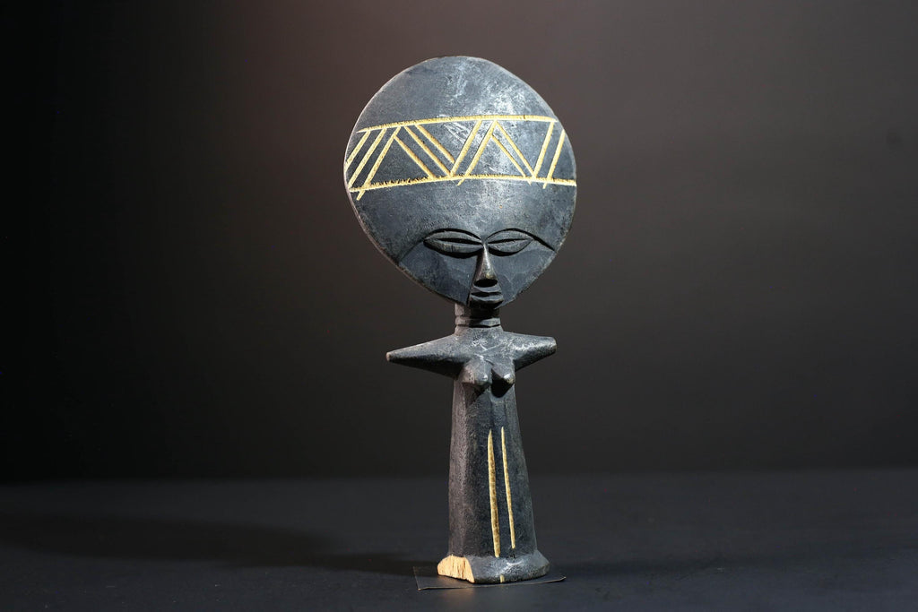 African fertility decor Akan akuaba figure with flat disc head geometric carvings and abstract female form for symbolic wall display G5499