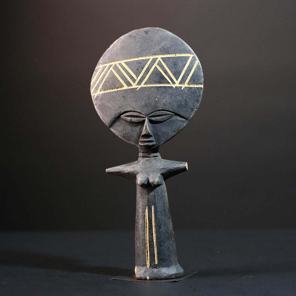 African fertility decor Akan akuaba figure with flat disc head geometric carvings and abstract female form for symbolic wall display G5499