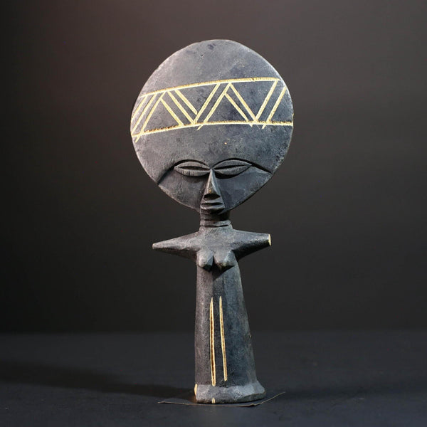 African fertility decor Akan akuaba figure with flat disc head geometric carvings and abstract female form for symbolic wall display G5499