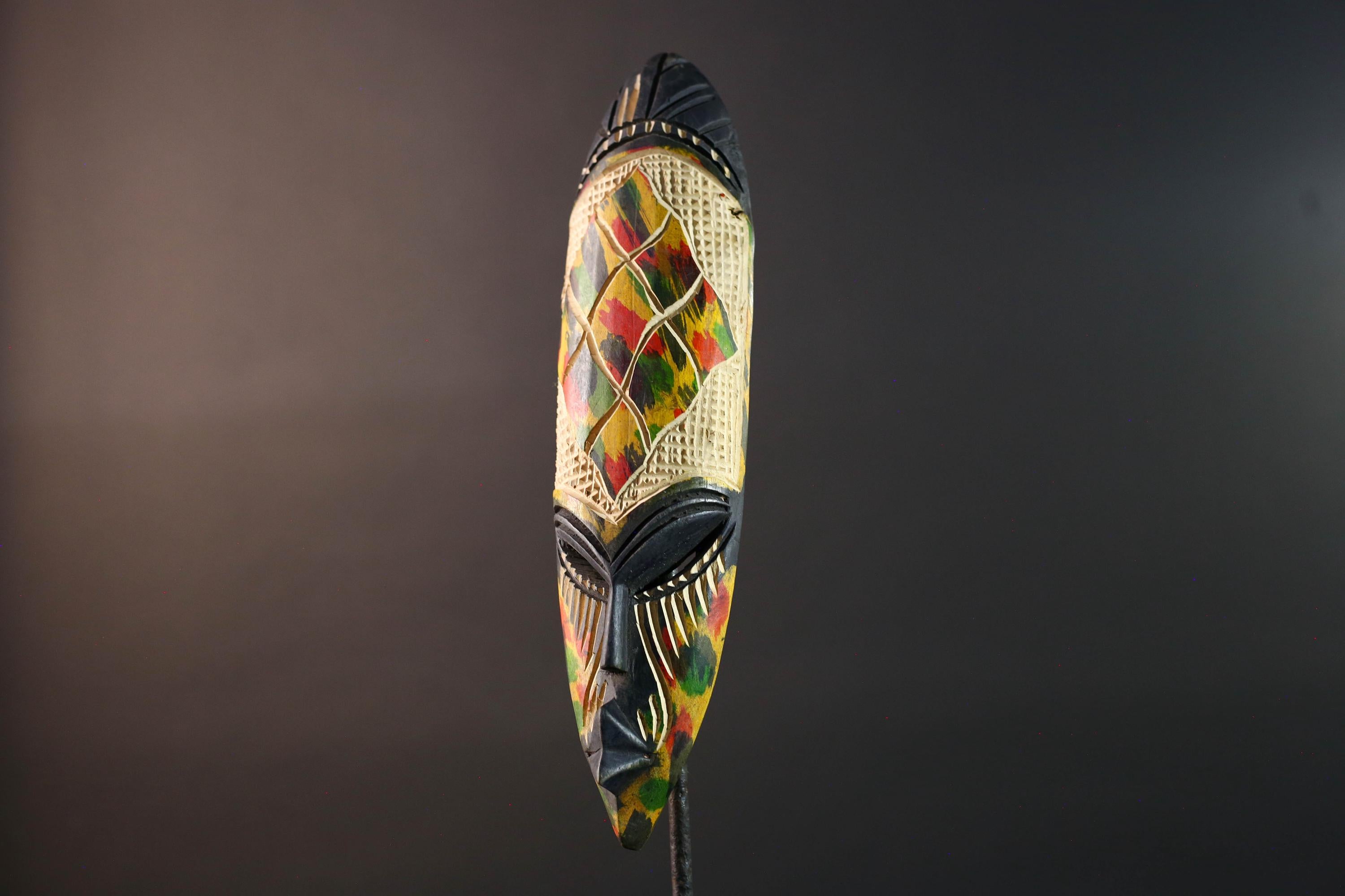 African wall mask decor hand carved tribal face mask multicolor wood mask narrow boho wall art African home accent wall hanging G5504