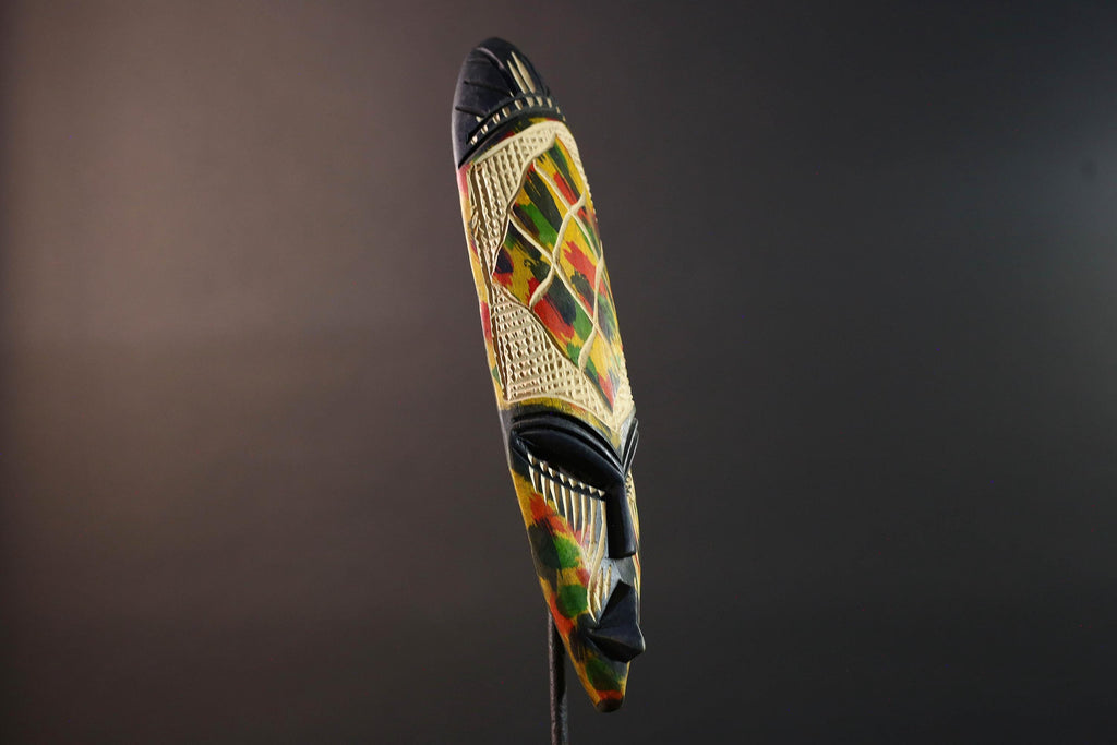African wall mask decor hand carved tribal face mask multicolor wood mask narrow boho wall art African home accent wall hanging G5504