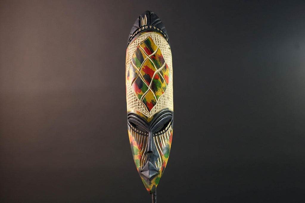 African wall mask decor hand carved tribal face mask multicolor wood mask narrow boho wall art African home accent wall hanging G5504