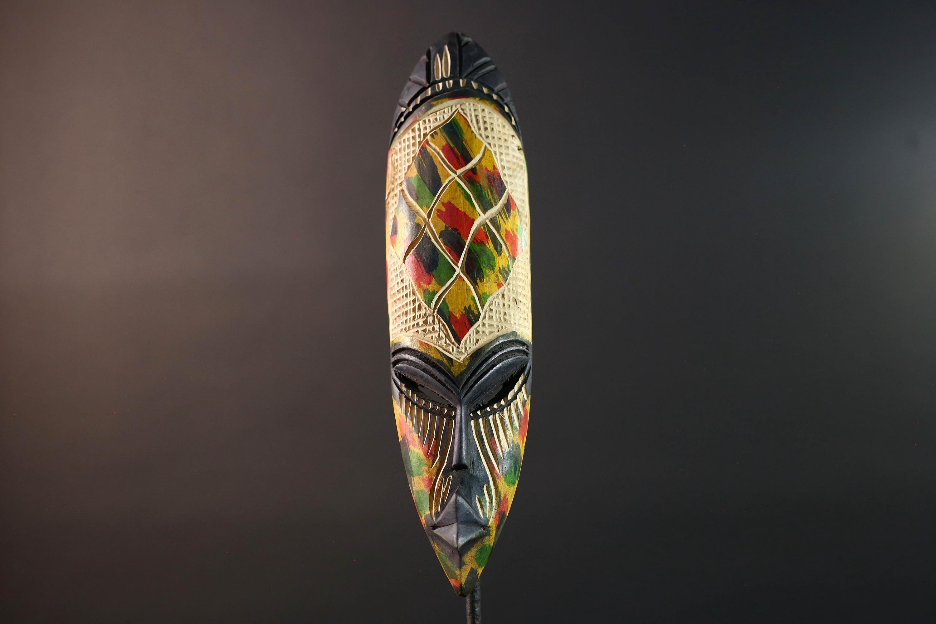African wall mask decor hand carved tribal face mask multicolor wood mask narrow boho wall art African home accent wall hanging G5504