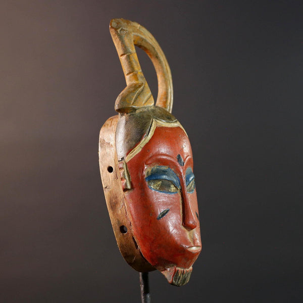 African Guro wall mask red face carved wood mask with loop crest tribal sculpture rustic African decor handmade wall hanging G5505