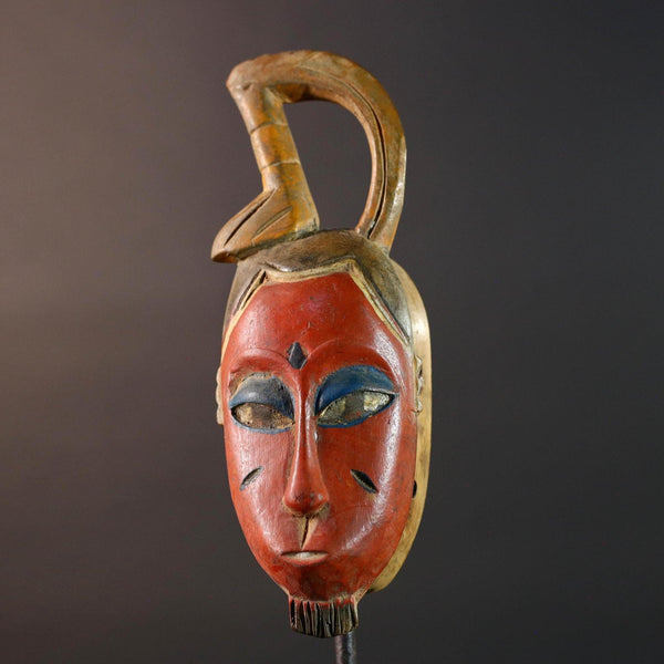 African Guro wall mask red face carved wood mask with loop crest tribal sculpture rustic African decor handmade wall hanging G5505