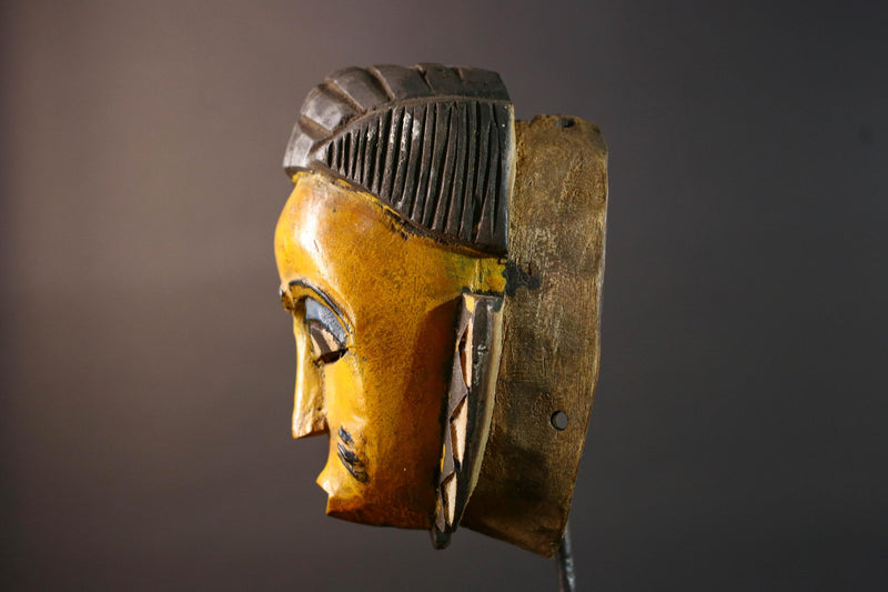 African Baule mask yellow face carved wood mask with blue eyelids tribal portrait decor scarification marks wall art handmade G5506