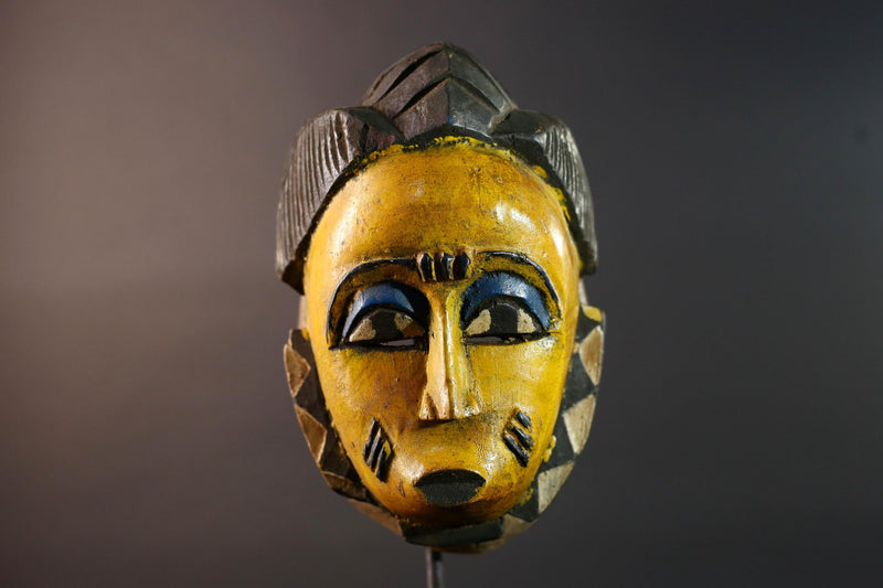 African Baule mask yellow face carved wood mask with blue eyelids tribal portrait decor scarification marks wall art handmade G5506