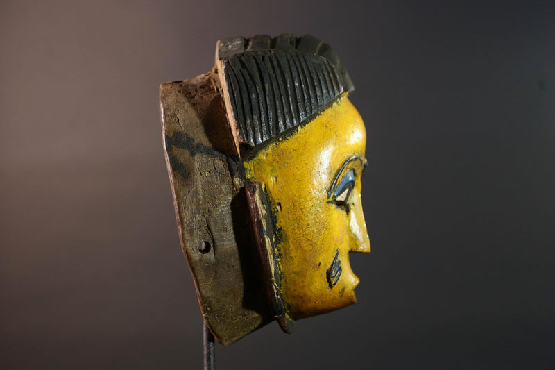 African Baule mask yellow face carved wood mask with blue eyelids tribal portrait decor scarification marks wall art handmade G5506