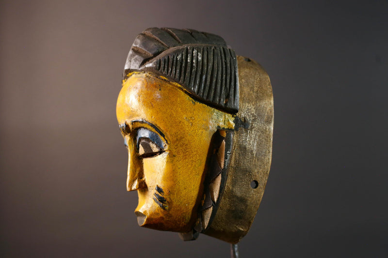 African Baule mask yellow face carved wood mask with blue eyelids tribal portrait decor scarification marks wall art handmade G5506
